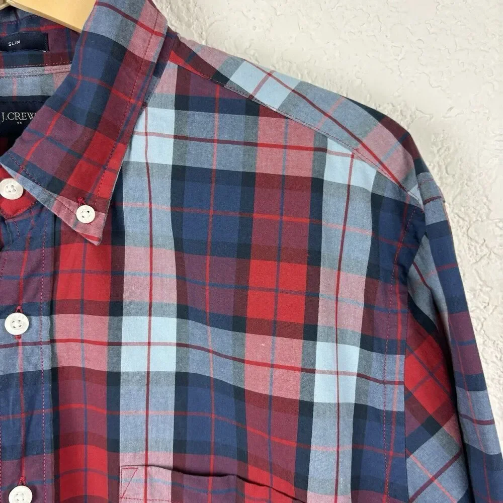 J Crew Red Blue Plaid Men’s Button Up Shirt Size Large Slim Business Preppy Work
